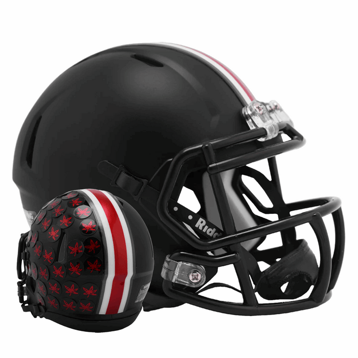 black ohio state football helmet Buckeyes Alternate with Red Buckeye Leaves Riddell Speed Replica Full Size Release facemask attachment system TreVeyon Henderson Autographed Ohio State