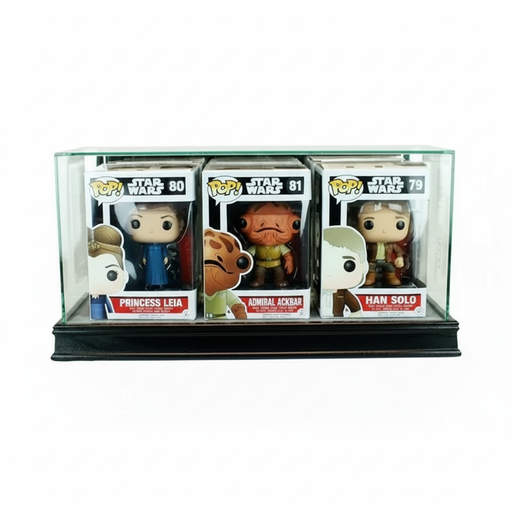 Triple Funko Bobblehead Display Case – UV Glass & Hardwood Base - Game Day Treasures