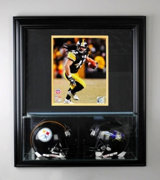 Wall Mounted Double Mini Helmet Display Case and 8x10 Photo