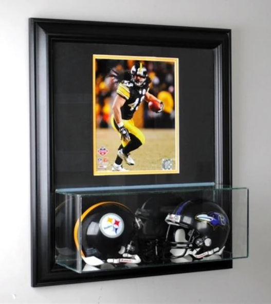 Wall Mounted Double Mini Helmet Display Case and 8x10 Photo
